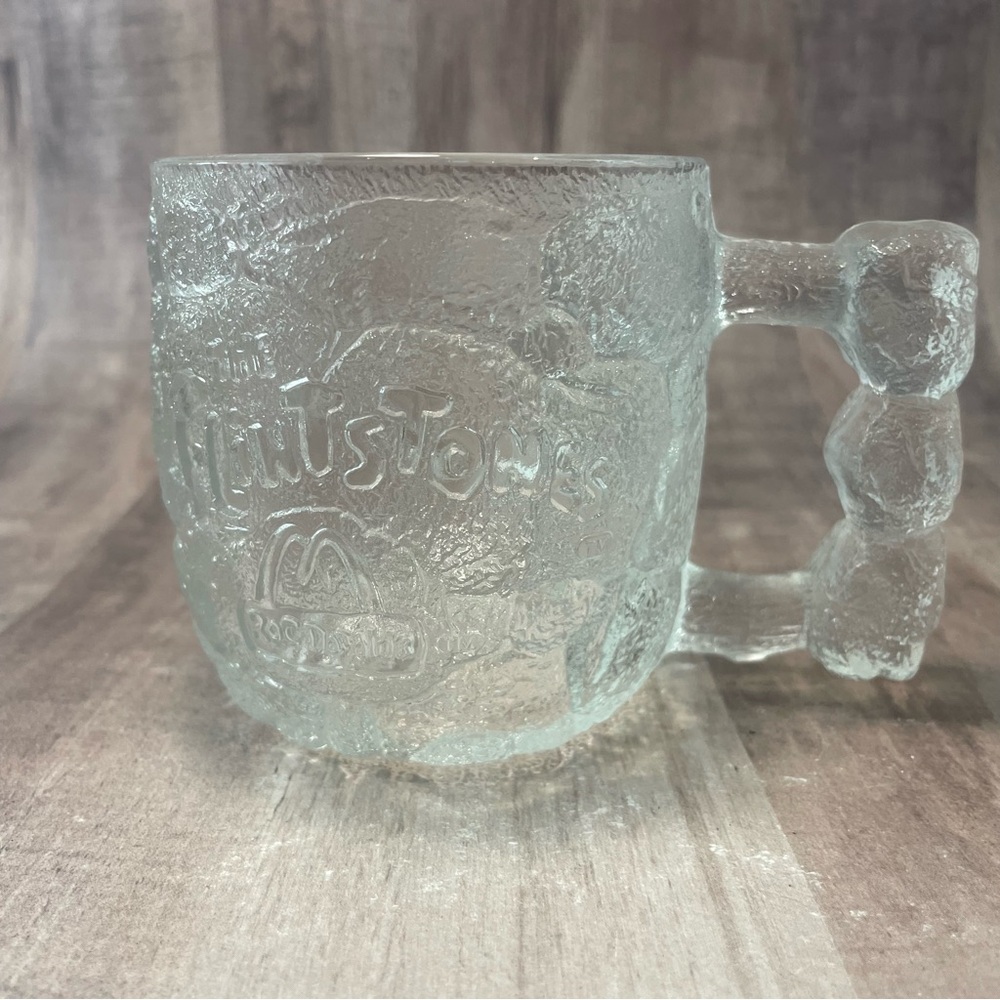1993 McDonalds Flintstones Rocky Road Rock Handle Mug Clear Glass Coffee Cup EUC